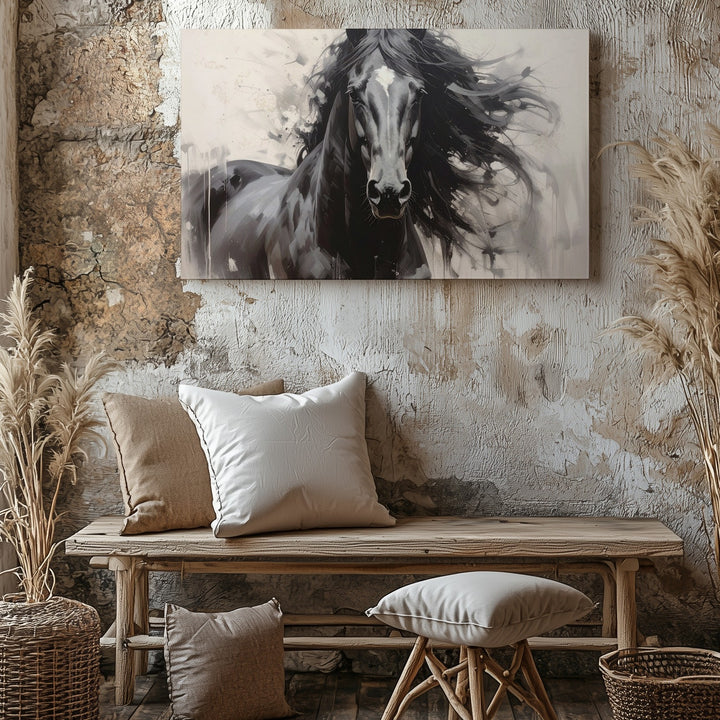 Wild Elegance Canvas – Black Horse in Motion with Abstract Background - Gifitto