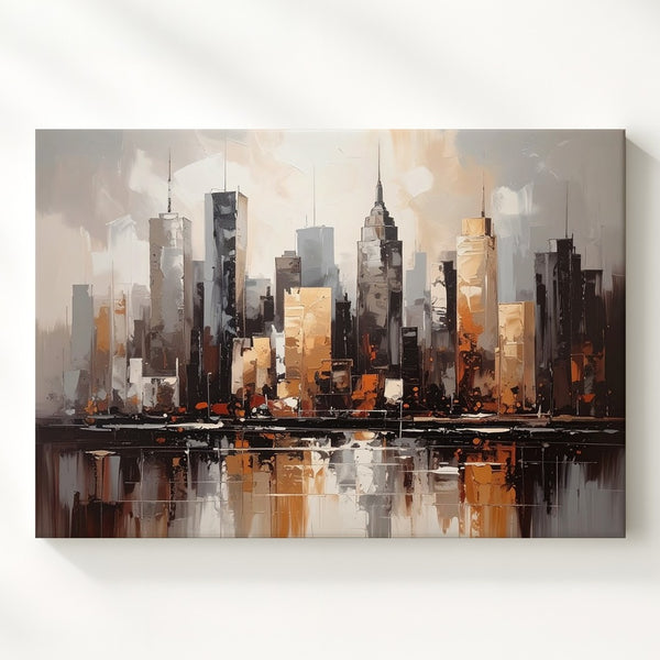 Misty Skyline Reflection Canvas – Moody Modern Urban Landscape