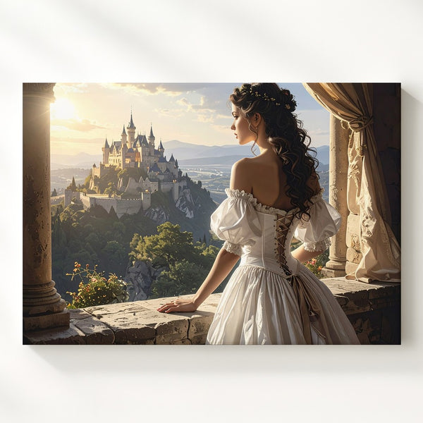 Golden Hour Balcony Canvas – Romantic Fantasy Woman & Castle Wall Art - Gifitto