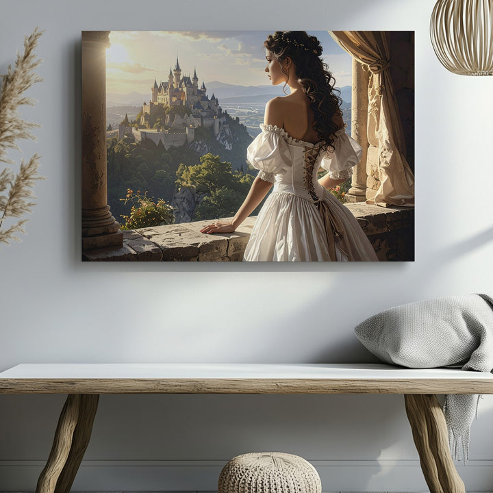 Golden Hour Balcony Canvas – Romantic Fantasy Woman & Castle Wall Art - Gifitto