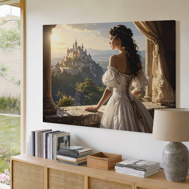 Golden Hour Balcony Canvas – Romantic Fantasy Woman & Castle Wall Art - Gifitto