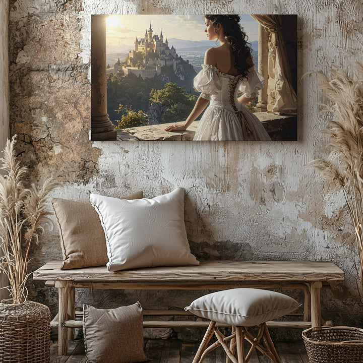 Golden Hour Balcony Canvas – Romantic Fantasy Woman & Castle Wall Art - Gifitto