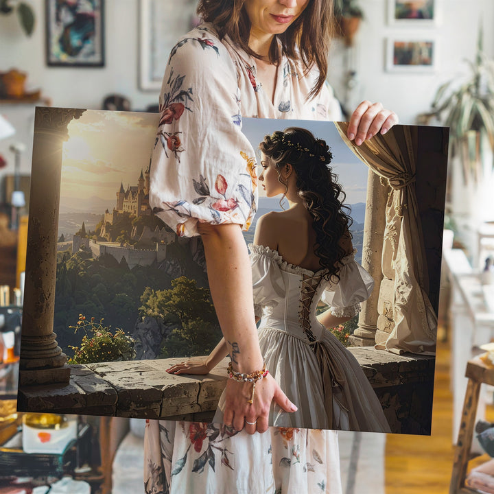 Golden Hour Balcony Canvas – Romantic Fantasy Woman & Castle Wall Art - Gifitto