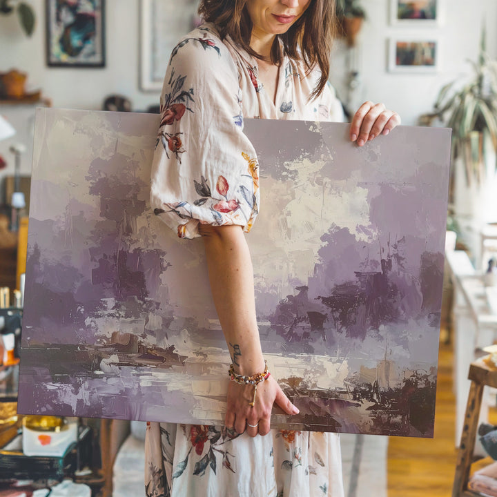 Moody Mist Canvas – Abstract Art in Deep Mauve, Gray, and Soft Brushstrokes - Gifitto