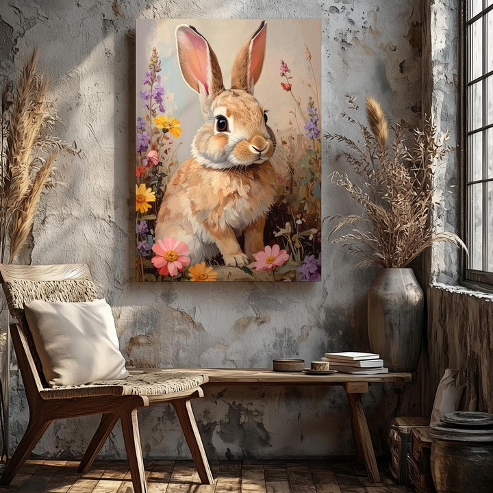 Wildflower Rabbit Canvas – Soft-Focus Meadow Scene with Spring Blooms - Gifitto