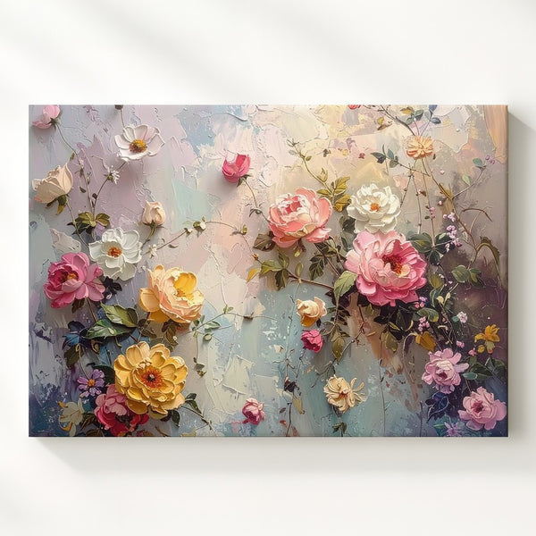 Climbing Garden Bloom Canvas – Textured Floral Wall on Pastel Plaster - Gifitto