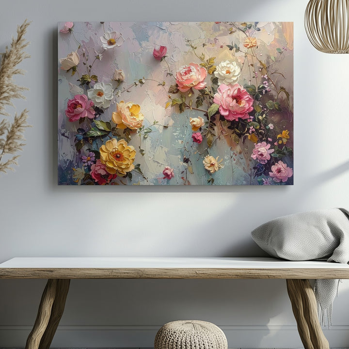 Climbing Garden Bloom Canvas – Textured Floral Wall on Pastel Plaster - Gifitto
