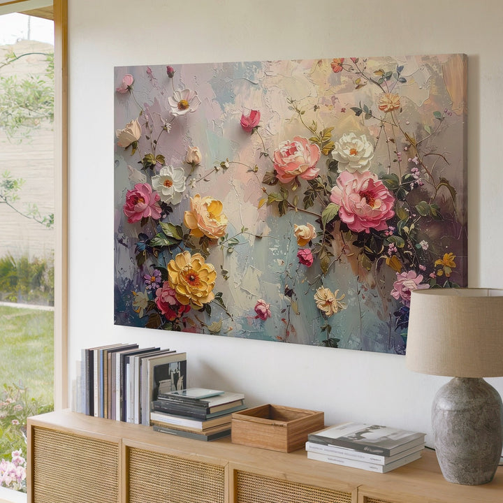 Climbing Garden Bloom Canvas – Textured Floral Wall on Pastel Plaster - Gifitto