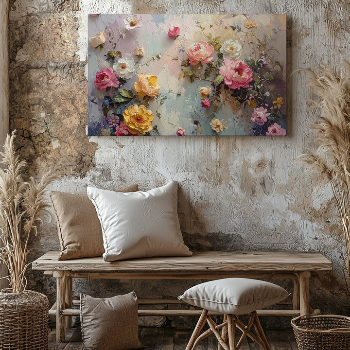 Climbing Garden Bloom Canvas – Textured Floral Wall on Pastel Plaster - Gifitto