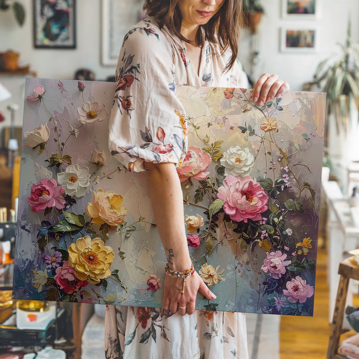 Climbing Garden Bloom Canvas – Textured Floral Wall on Pastel Plaster - Gifitto