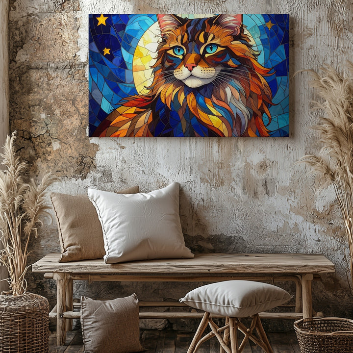 Regal Stained-Glass Cat Canvas – Mystical Feline Art Nouveau - Gifitto