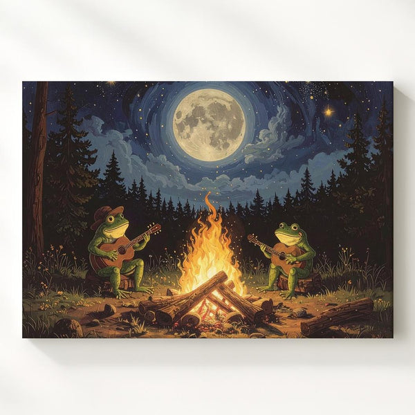Frog Campfire Serenade Canvas – Whimsical Forest Night Wall Art - Gifitto
