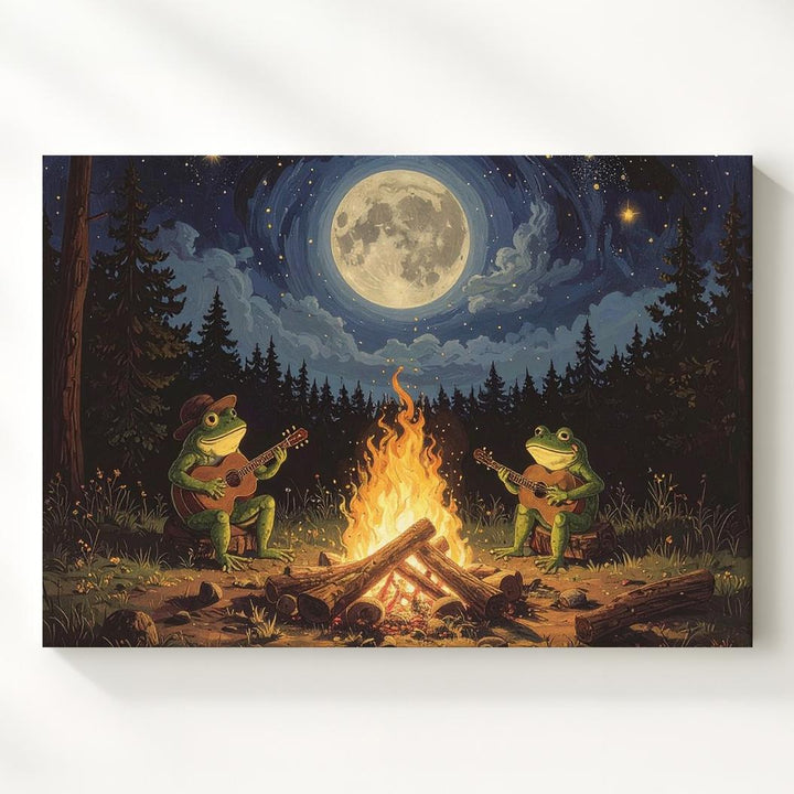 Frog Campfire Serenade Canvas – Whimsical Forest Night Wall Art - Gifitto
