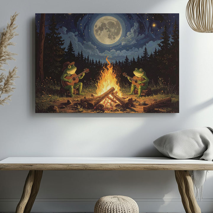 Frog Campfire Serenade Canvas – Whimsical Forest Night Wall Art - Gifitto