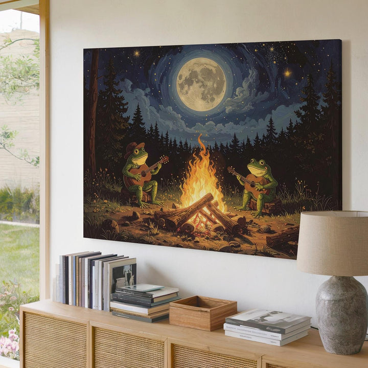 Frog Campfire Serenade Canvas – Whimsical Forest Night Wall Art - Gifitto