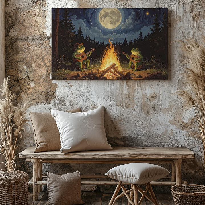 Frog Campfire Serenade Canvas – Whimsical Forest Night Wall Art - Gifitto