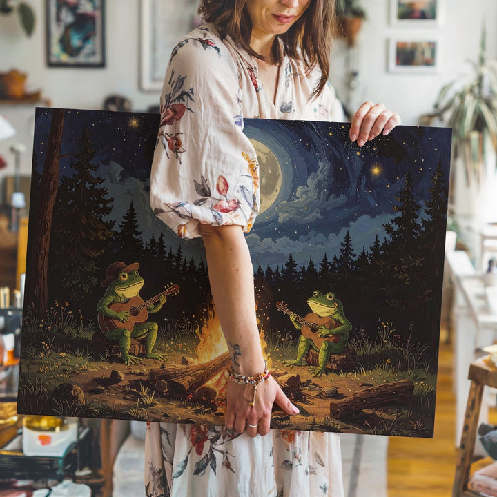 Frog Campfire Serenade Canvas – Whimsical Forest Night Wall Art - Gifitto