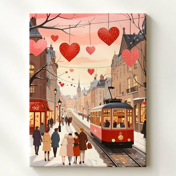 Winter Tram Love Canvas – Cozy City Street with Heart Motifs - Gifitto