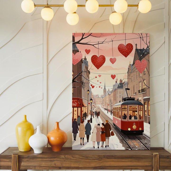 Winter Tram Love Canvas – Cozy City Street with Heart Motifs - Gifitto