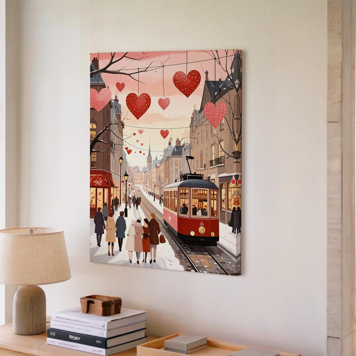 Winter Tram Love Canvas – Cozy City Street with Heart Motifs - Gifitto