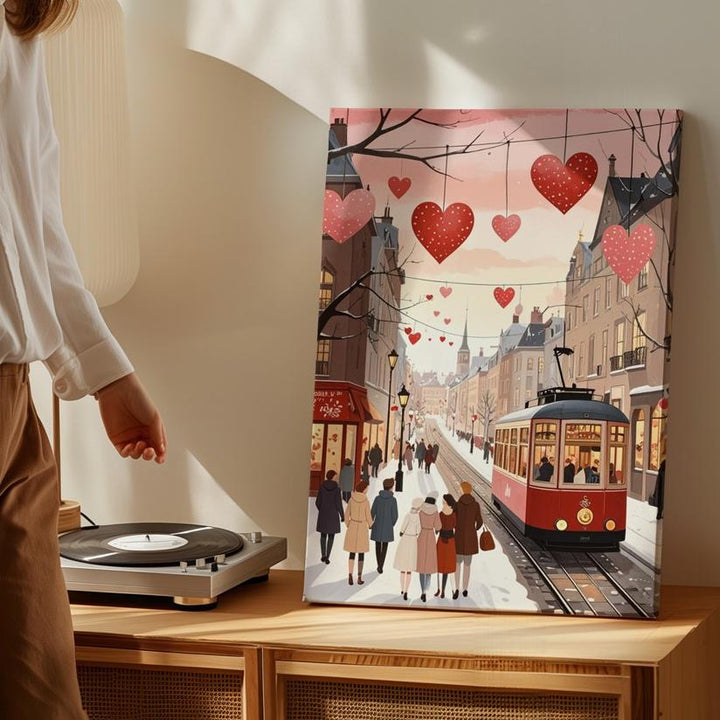 Winter Tram Love Canvas – Cozy City Street with Heart Motifs - Gifitto