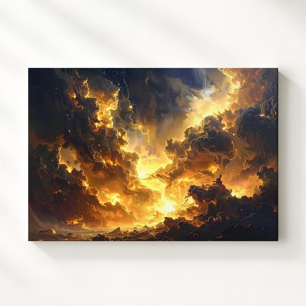 Molten Nebula Storm Canvas – Dark Gold & Black Celestial Eruption Art - Gifitto