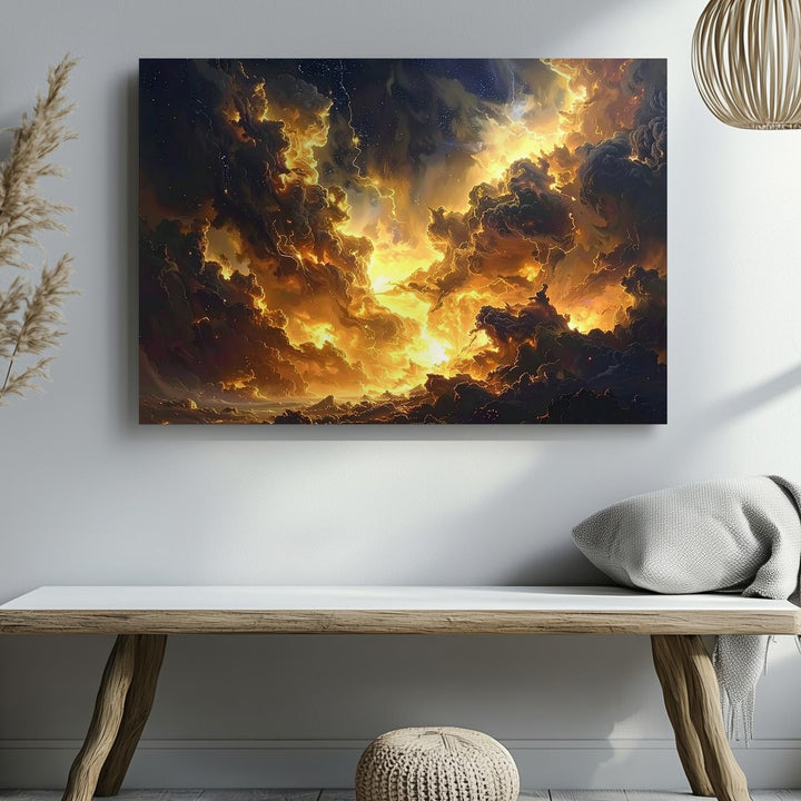 Molten Nebula Storm Canvas – Dark Gold & Black Celestial Eruption Art - Gifitto