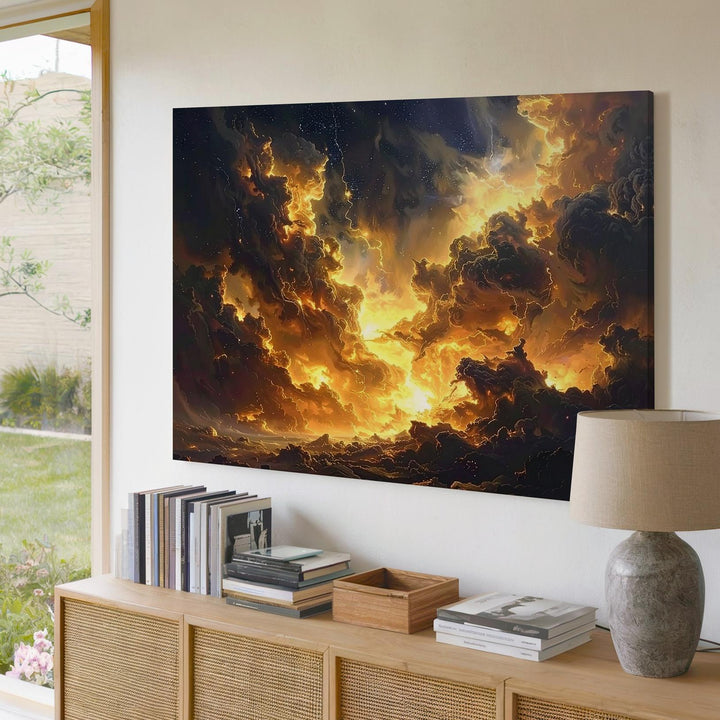 Molten Nebula Storm Canvas – Dark Gold & Black Celestial Eruption Art - Gifitto