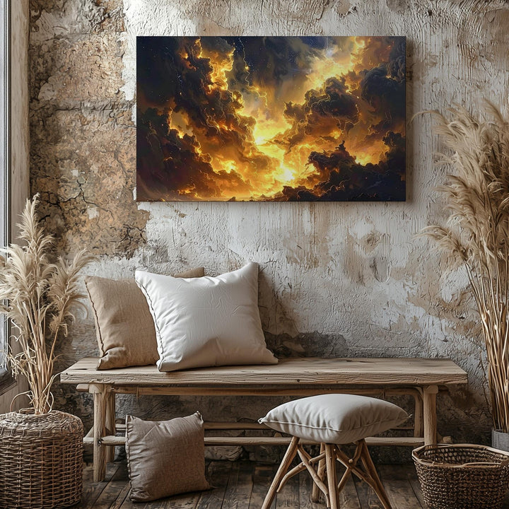 Molten Nebula Storm Canvas – Dark Gold & Black Celestial Eruption Art - Gifitto