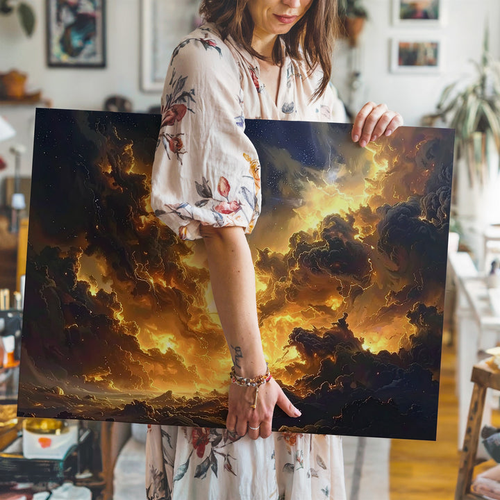 Molten Nebula Storm Canvas – Dark Gold & Black Celestial Eruption Art - Gifitto