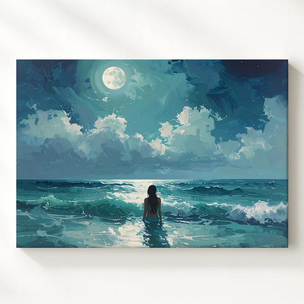 Moonlit Ocean Solitude Canvas – Dreamlike Teal Seascape Art