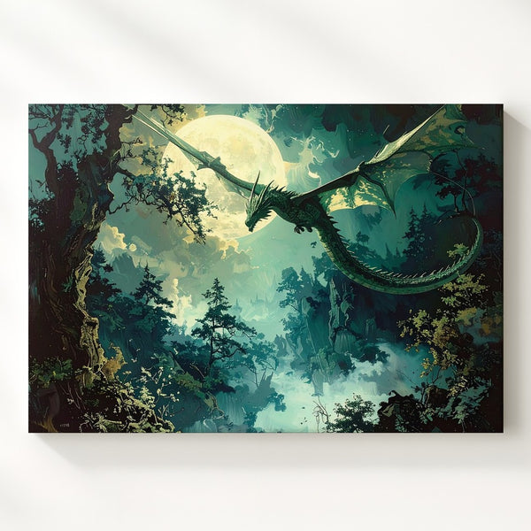 Moonlit Dragon Flight Canvas – Mystical Night Forest Fantasy Wall Art - Gifitto