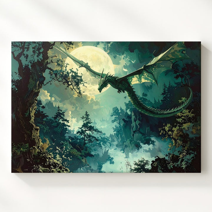 Moonlit Dragon Flight Canvas – Mystical Night Forest Fantasy Wall Art - Gifitto