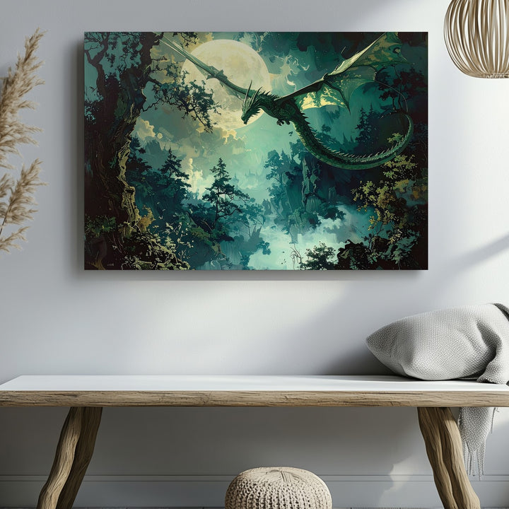 Moonlit Dragon Flight Canvas – Mystical Night Forest Fantasy Wall Art - Gifitto