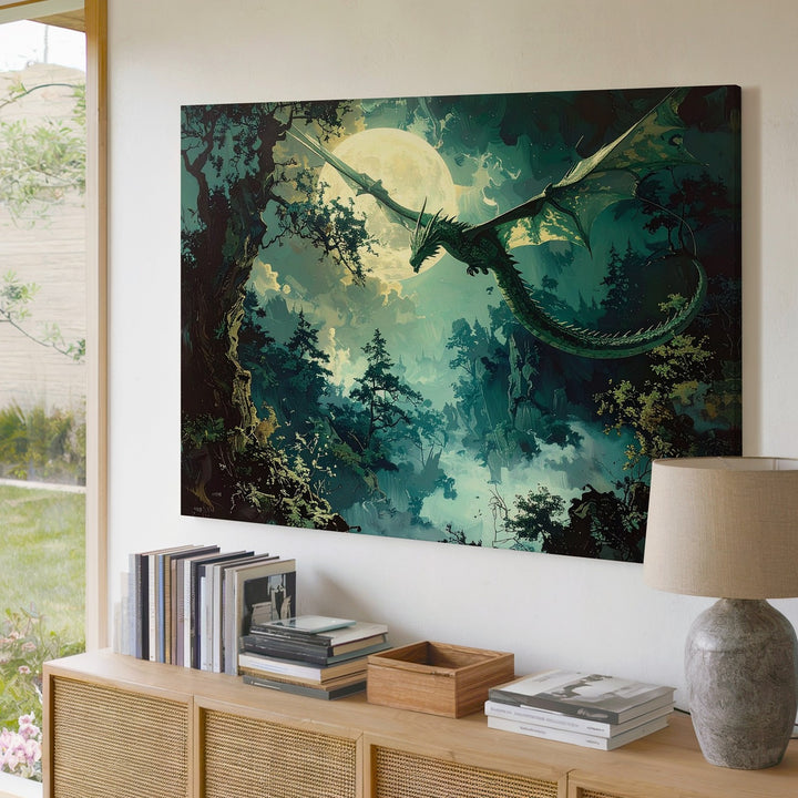 Moonlit Dragon Flight Canvas – Mystical Night Forest Fantasy Wall Art - Gifitto