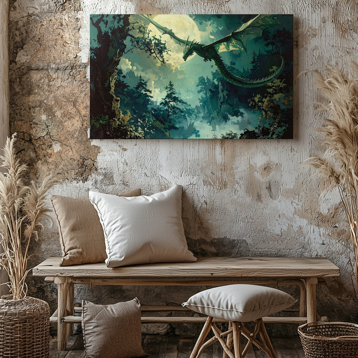 Moonlit Dragon Flight Canvas – Mystical Night Forest Fantasy Wall Art - Gifitto