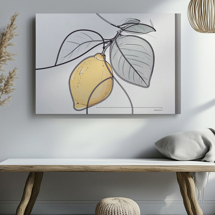 Minimalist One-Line Lemon Branch Canvas – Modern Black & White Line Art - Gifitto