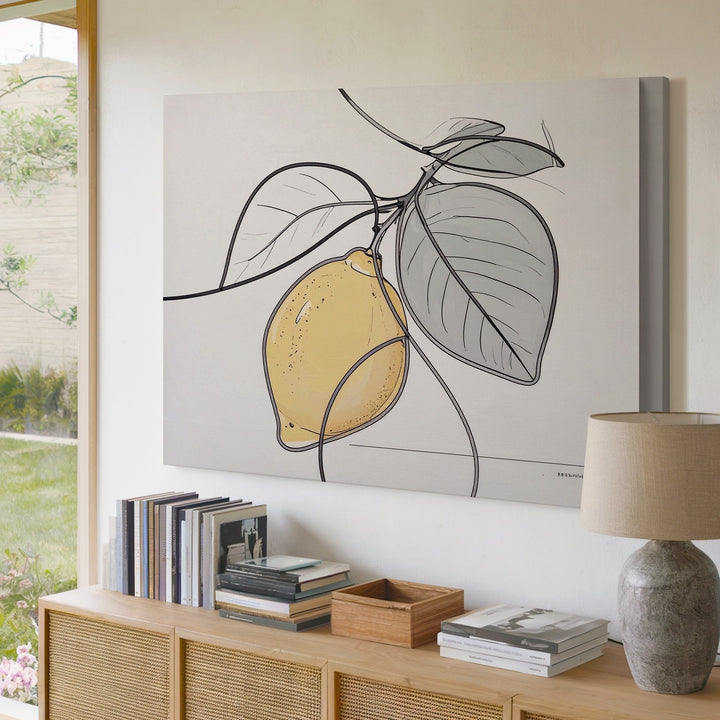 Minimalist One-Line Lemon Branch Canvas – Modern Black & White Line Art - Gifitto