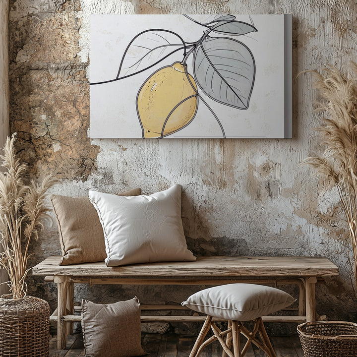 Minimalist One-Line Lemon Branch Canvas – Modern Black & White Line Art - Gifitto