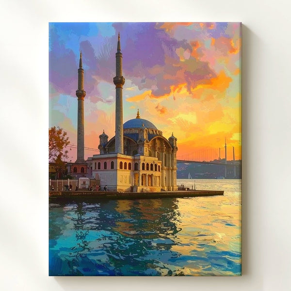 Sunset Mosque Reflection Canvas – Stylized Islamic Architecture by Water
