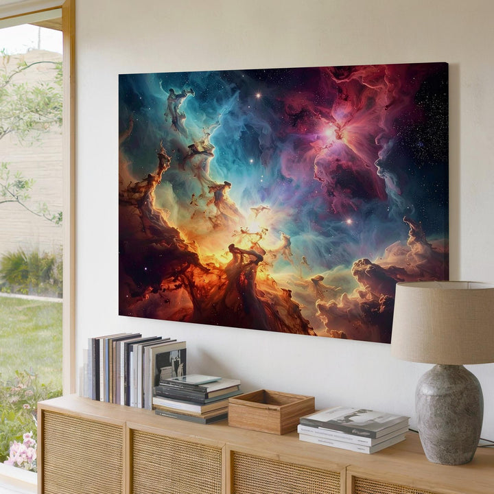 Vertical Starbirth Nebula Canvas – Vivid Blue, Red & Violet Cosmic Cloudscape - Gifitto