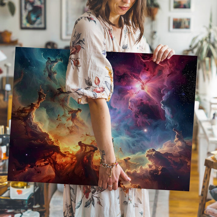 Vertical Starbirth Nebula Canvas – Vivid Blue, Red & Violet Cosmic Cloudscape - Gifitto