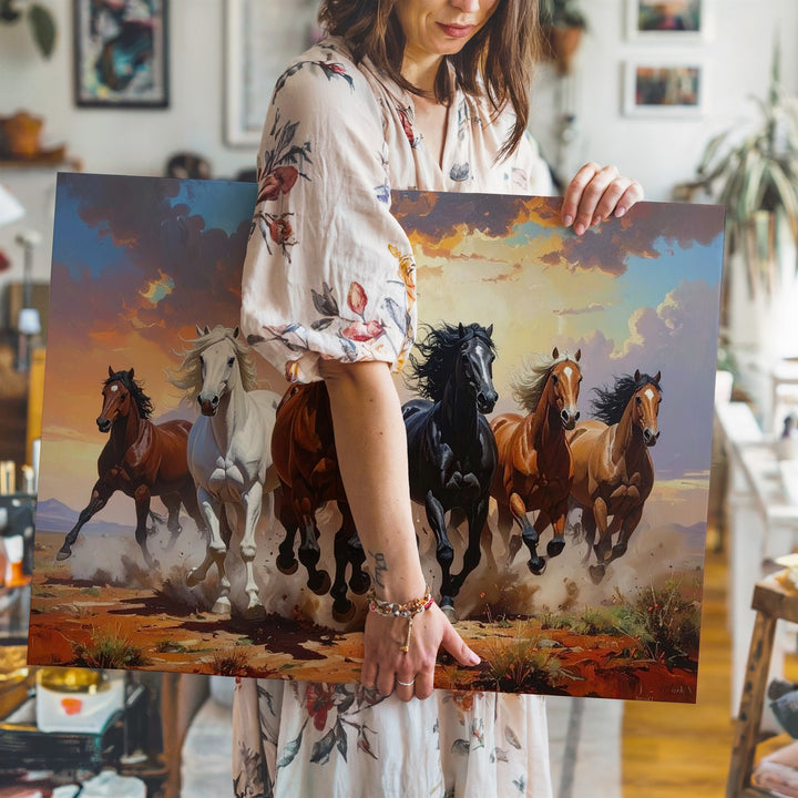 Panoramic Galloping Horses Canvas – Dramatic Sunset Run - Gifitto