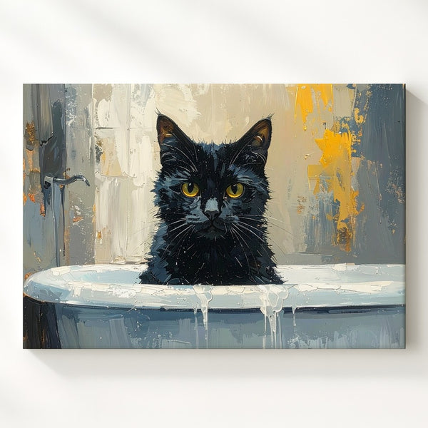Mischievous Black Cat in Bathtub Canvas – Moody Oil Painting Art - Gifitto