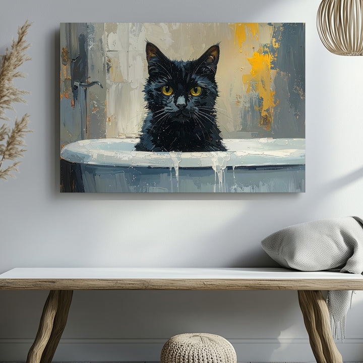 Mischievous Black Cat in Bathtub Canvas – Moody Oil Painting Art - Gifitto