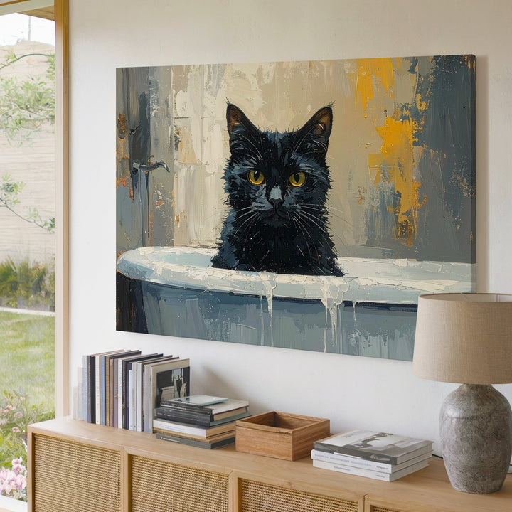 Mischievous Black Cat in Bathtub Canvas – Moody Oil Painting Art - Gifitto