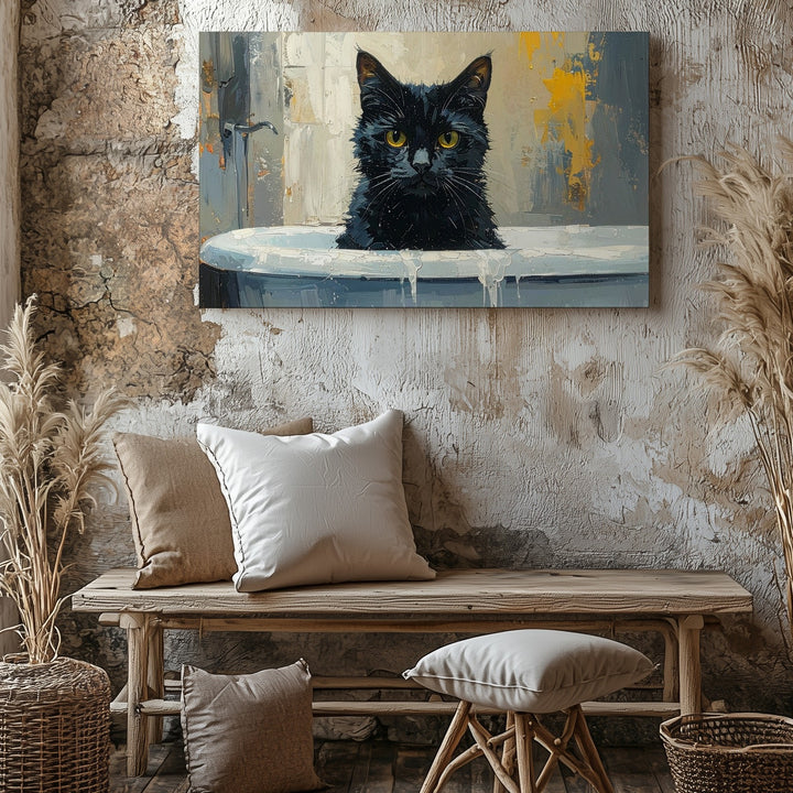 Mischievous Black Cat in Bathtub Canvas – Moody Oil Painting Art - Gifitto