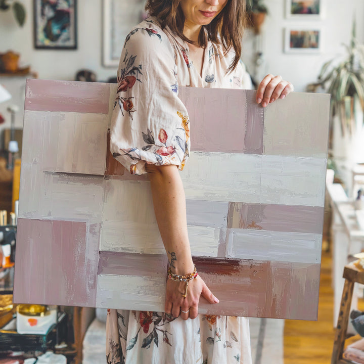 Tonal Minimalism Canvas – Abstract Rectangular Art in Blush Pink, Cream, and Soft White - Gifitto