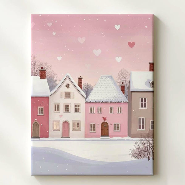 Winter Romance Village Canvas – Minimalistic Pastel Houses & Floating Hearts - Gifitto