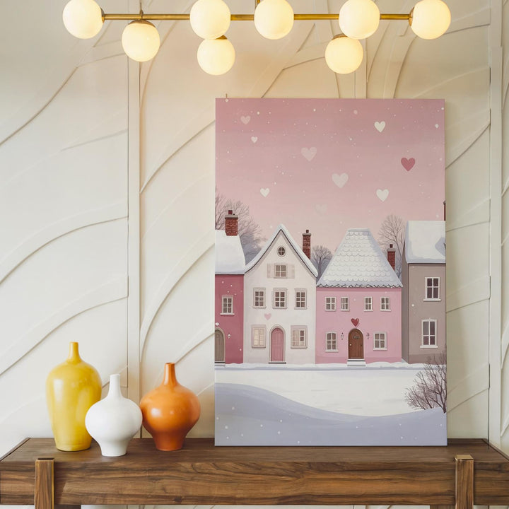 Winter Romance Village Canvas – Minimalistic Pastel Houses & Floating Hearts - Gifitto